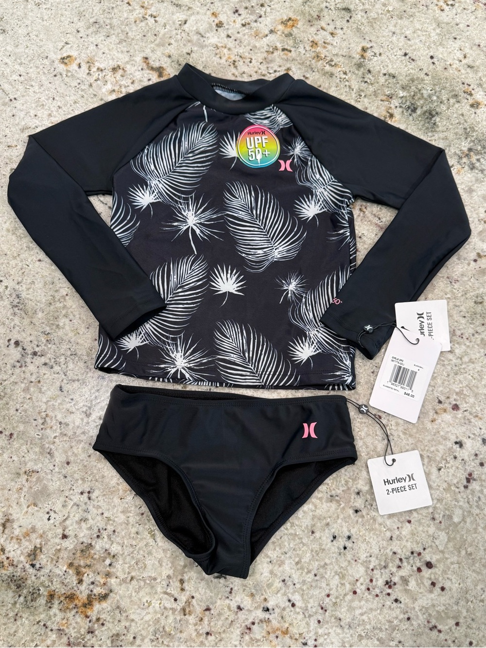 Hurley Black and White Leaf-Print Girls' Rashguard Two-Piece Swim Set NWT